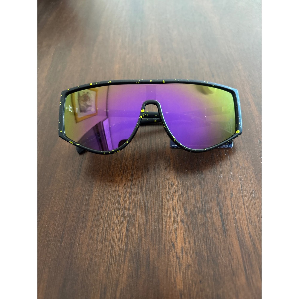 Sports B Shield Sunglasses Matte Black Yellow Splatter Purple Mirrored Lens NEW